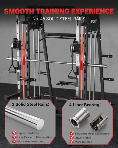 Smith Machine Home Gym All in One, 2200LBS Squat Rack Power Cage with Smith Bar, LAT Pull-Down, Cable Systems, Leg Hold-Down and More Attachments