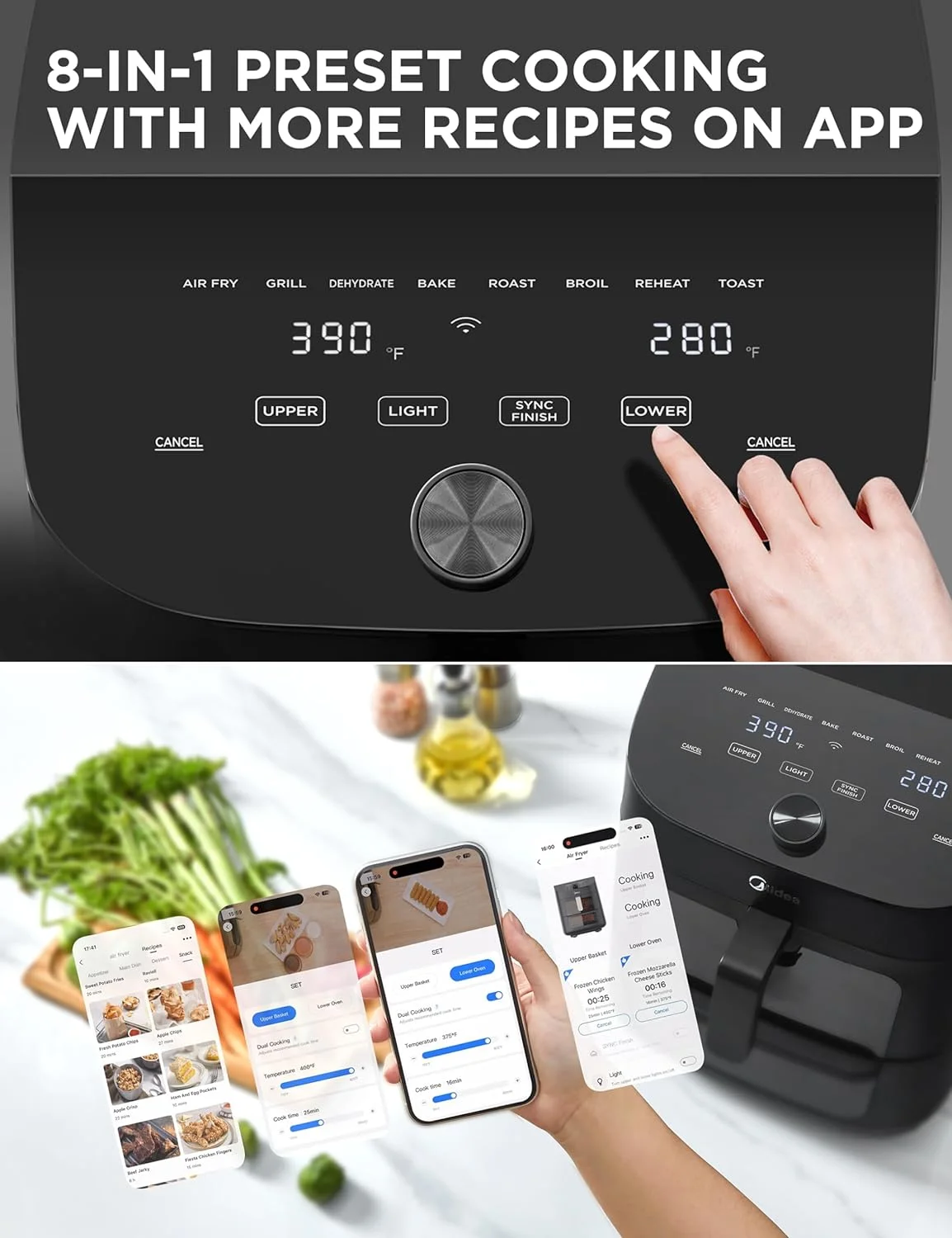 Midea 8 in 1 Dual Air Fryer 11 Quart with 2 Independent Baskets Clear Windows, Smart Sync Finish, 3 Heating Tubes