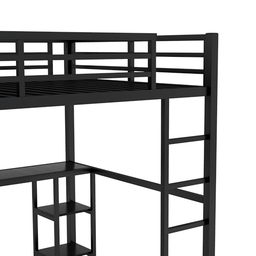 Queen Size Modern Metal Loft Bed with Wardrobe and L-Shaped Desk,Storage Cubes and Shelves,for Kids Teens Adults Bedroom Use (Black#h, Queen)