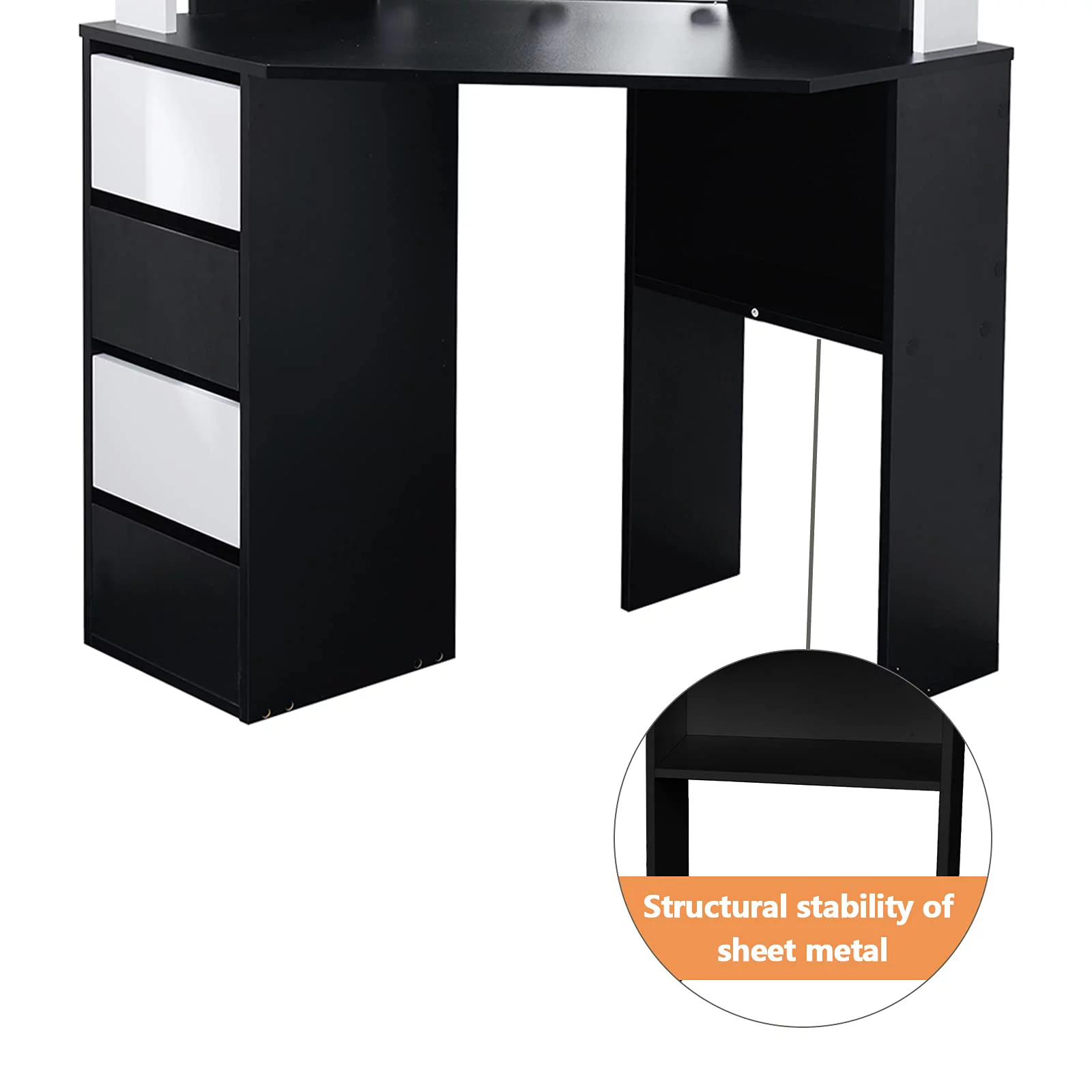 VEANERWOOD Corner Makeup Vanity Dressing Table with 10 Light Bulbs, Modern, Black, Bedroom