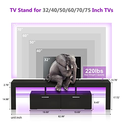 Modern High Gloss LED TV Stand for Flat Screens 50+/55/65 inch TV with Storage and Shelves for Living Room，Table Top Gaming Universal Oversized TV