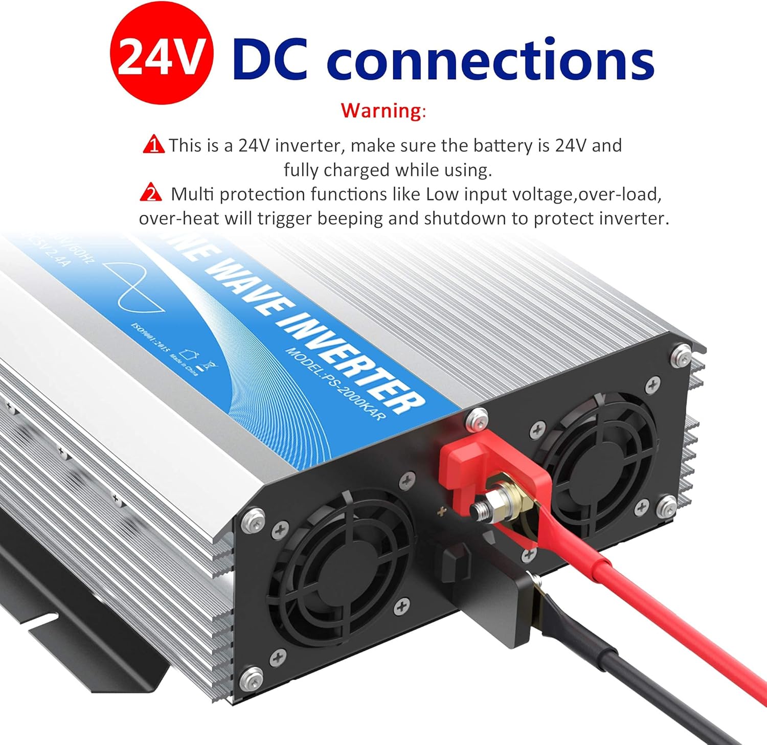 GIANDEL 24 Volt 2000W Pure Sine Wave Power Inverter DC 24V to AC120V with Dual AC Outlets with Remote Control 2.4A USB and LED Display