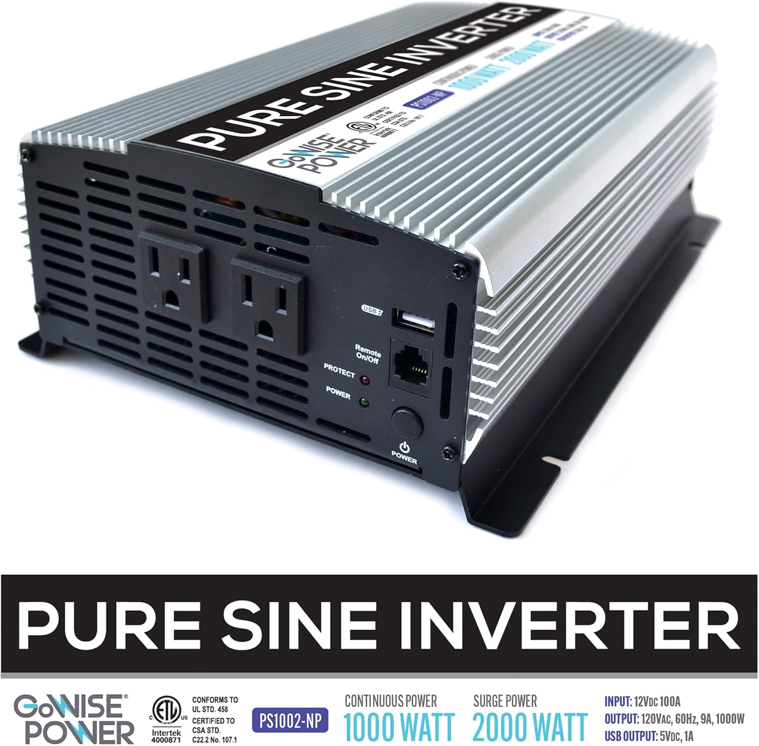GoWISE Power 1000W Pure Sine Wave Inverter 12V DC to 120V AC with 2 AC Outlets + 1 5V USB Port, 2 Battery Cables