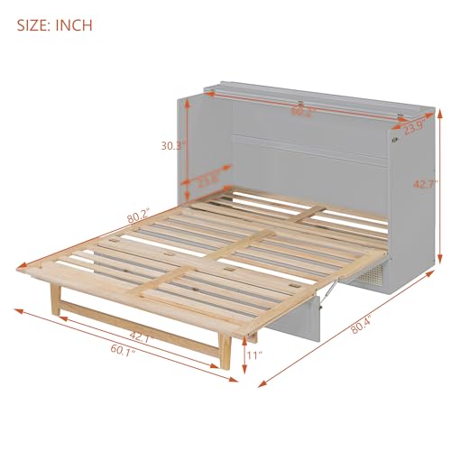 P PURLOVE Queen Size Murphy Bed,Folding Solid Wood Murphy Cabinet Bed,Queen Wall Bed with Storage Drawers,Green