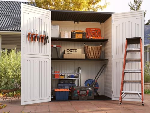 Vertical Resin Storage Shed, 60 Cuft Garden Tool Sheds & Outdoor Storage, Plastic Outdoor Storage Cabinet Waterproof