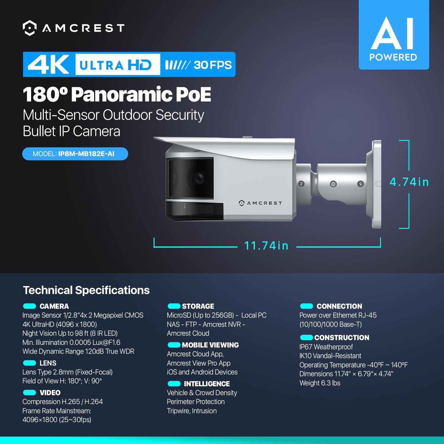 Amcrest Panoramic IP POE Camera, 180° Panoramic 4K POE IP Bullet AI Camera, Security Outdoor Camera, IVS Features