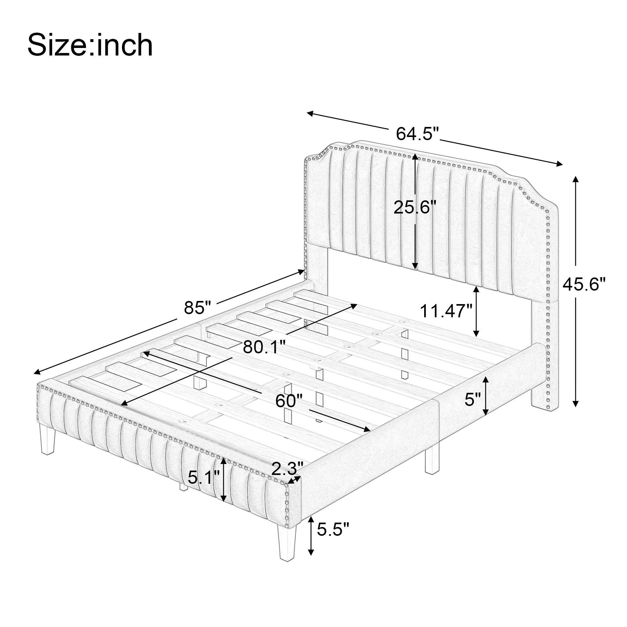 Inofia Modern Linen Curved Upholstered Platform Bed , Solid Wood Frame , Nailhead Trim, Beige (Queen) - Radiant Selections