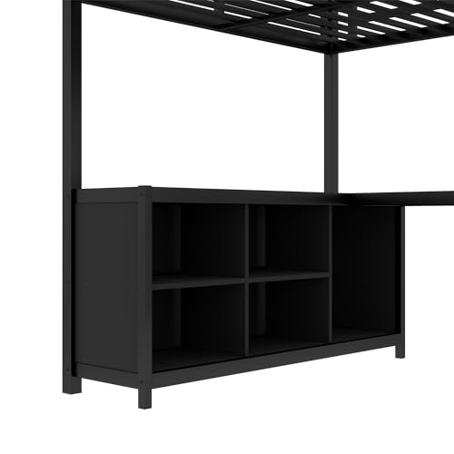 Bellemave Queen Size loft Bed with L Desk, Wardrobe, Metal Queen Loft Bed Frame for Adults, Kids, Teens, Black
