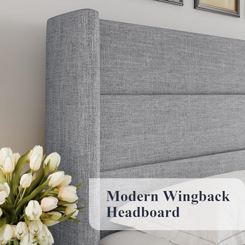 Allewie Full Size Lift Up Storage Bed, Modern Wingback Headboard, Hydraulic Support, No Box Spring Needed, Light Beige