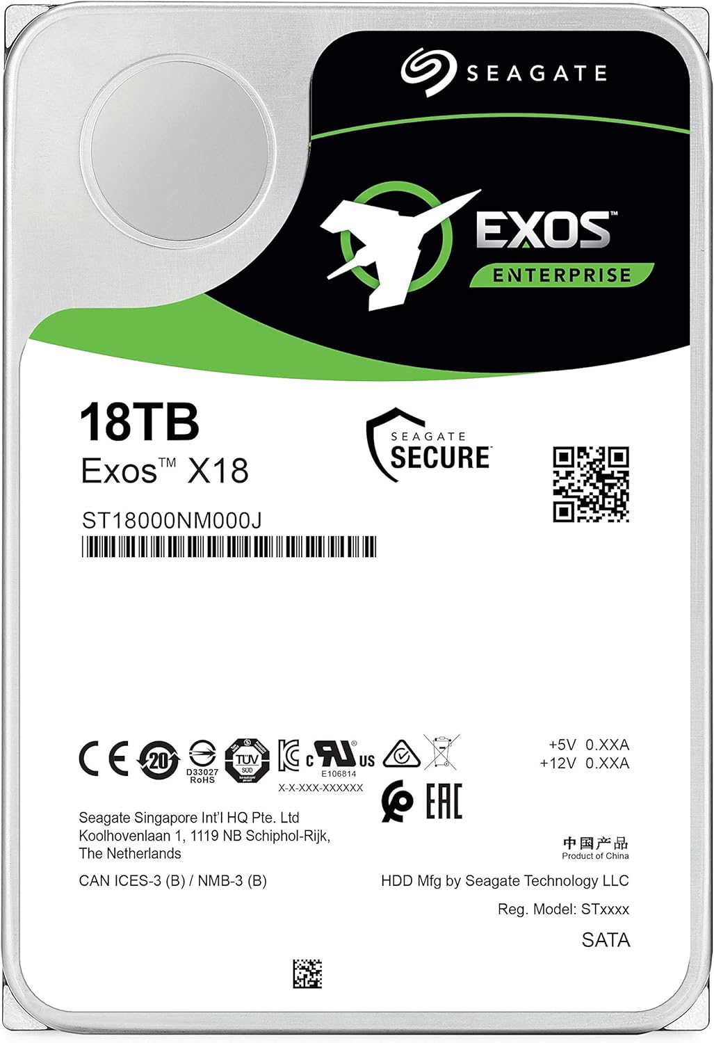 Seagate Exos X18 18TB Enterprise HDD - CMR 3.5 Inch Hyperscale SATA 6Gb/s, 7200 RPM, 512e and 4Kn FastFormat