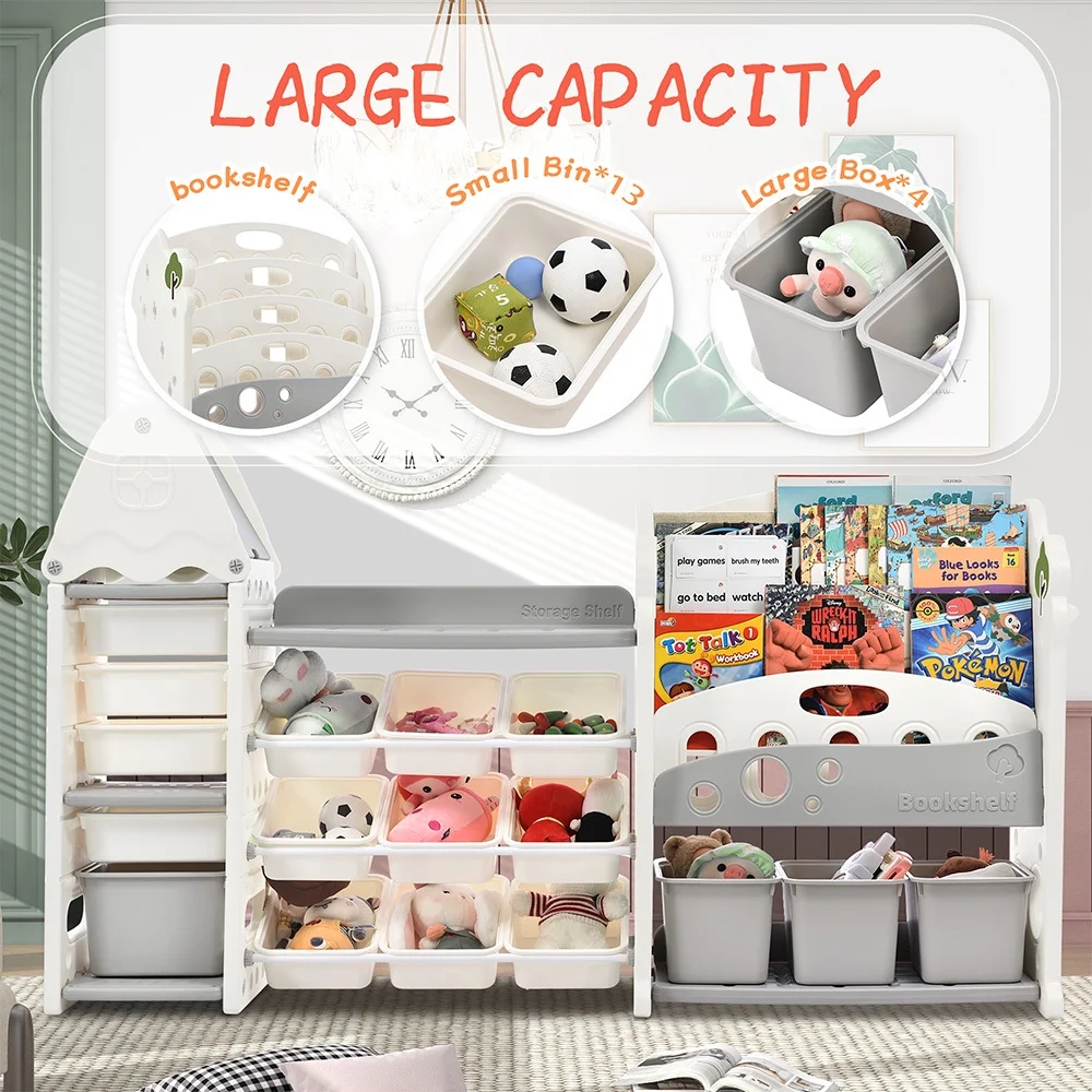 Kids Bookshelf Toy Storage Organizer, Multi-functional Nursery Organizer with 17 Bins and 4 Bookshelves