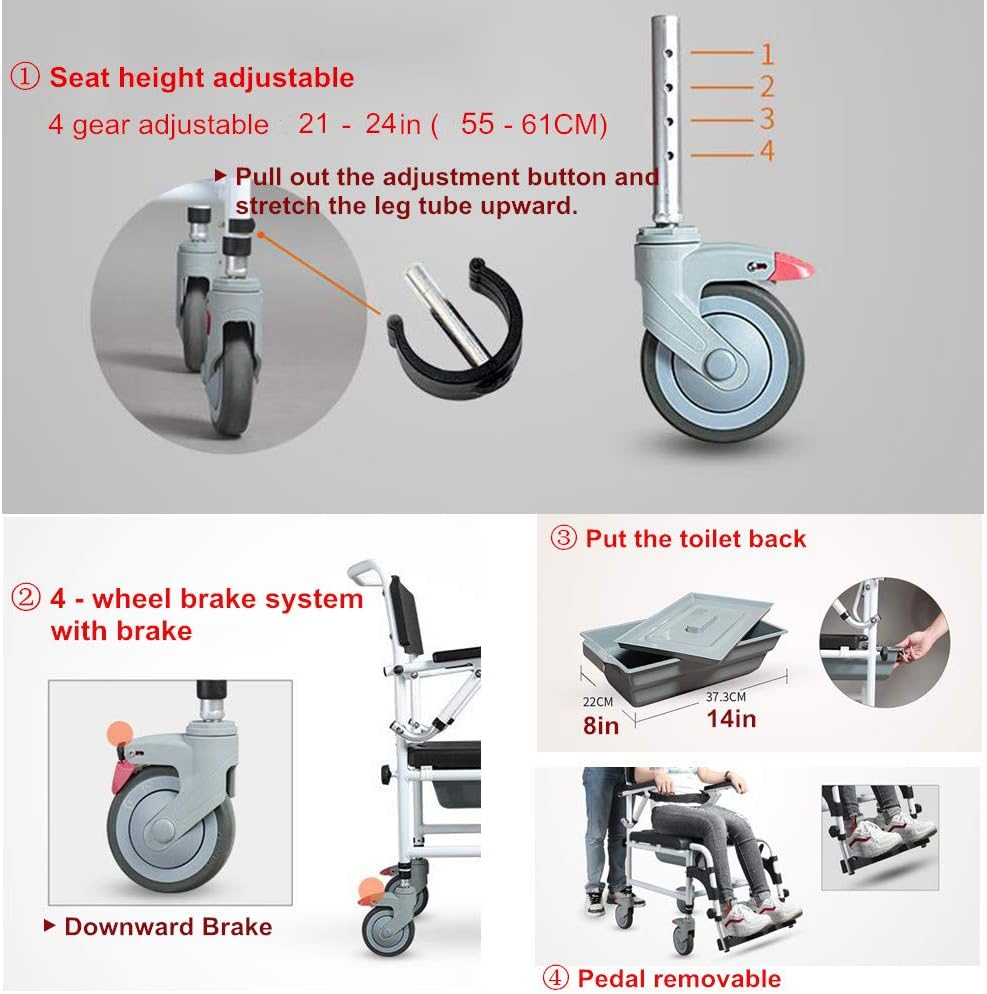 Nurth Tilt-in-Space Reclining Shower/Toilet Commode Chair, with Padded Seat, Back, Armrests. Care 4-in-1 Multifunction Chair