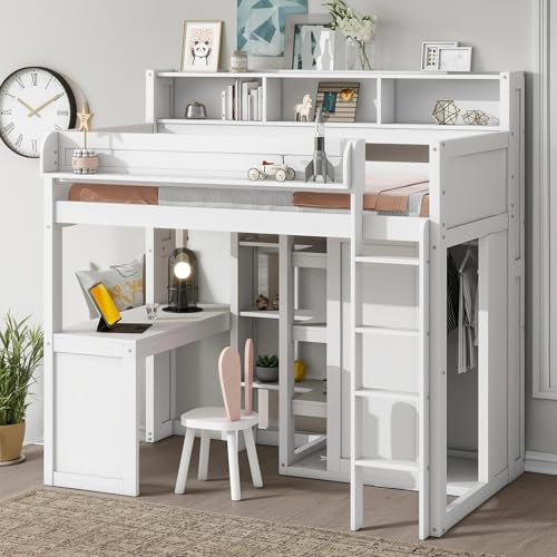 Full Size Loft Bed with L-Shaped Desk, Wardrobe and Storage Shelves, Solid Wood Bedframe w/Safety Guardrails & Ladder for Kids Teens Adults
