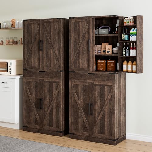 72" Tall Storage Cabinet, Kitchen Pantry Cabinet with Adjustable Shelves & Sturdy Steel Frame, Farmhouse Pantry Storage with 4 Barn Doors for Kitchen