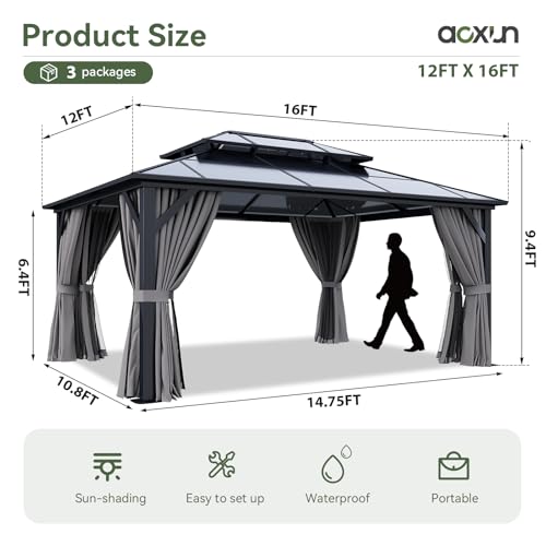 Aoxun 12'x10' Hardtop Gazebo, Aluminum Frame Permanent Pavilion with Curtains and Netting, Outdoor Polycarbonate Double Roof Canopy