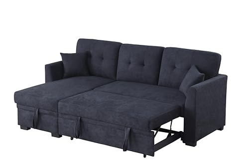 L-Shaped Pull Out Sleep Sofabed,Modern Reversible Sleeper Sectional Sofa Chenille Upholstered Button Tufted Decor with Storage Chaise