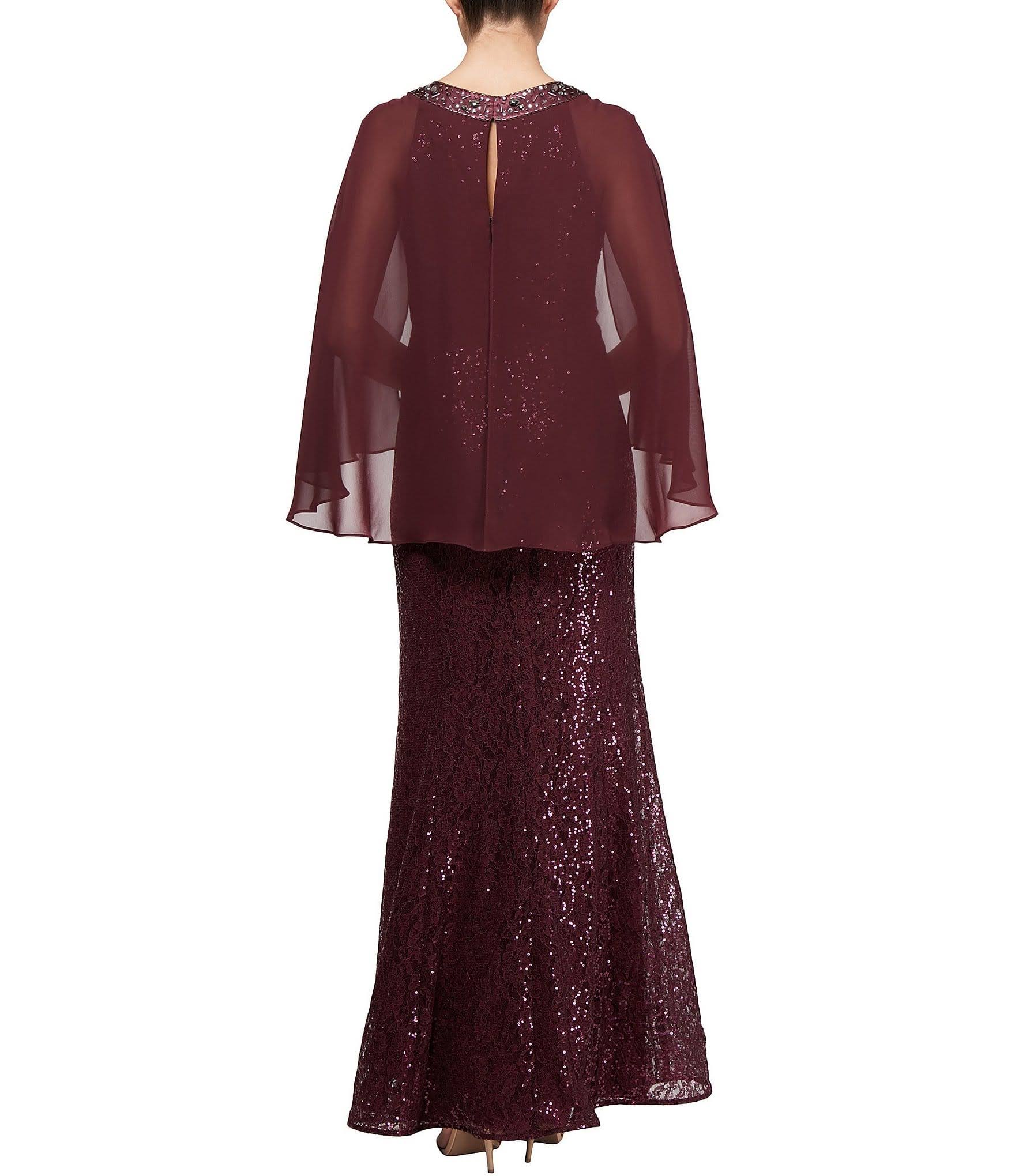 Ignite Evenings Petite Size Sequin Lace Chiffon Beaded Round Neck Capelet 34 Sleeve Gown - 8p
