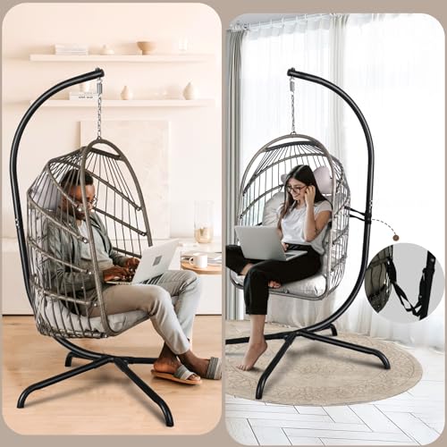 Chihee Egg Chair Foldable Wicker Rattan Hanging Chair Swing Chair Indoor Outdoor Patio Wicker Chair Hammock Chair with Stainless Steel Hanging Kit
