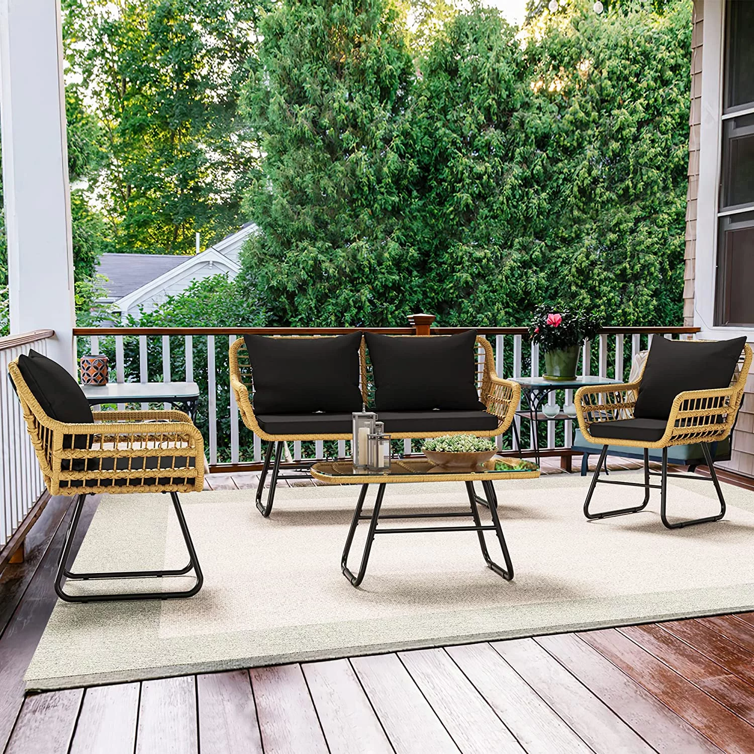 Dextrus 4-Piece Patio Furniture Wicker Outdoor Bistro Set, All-Weather Rattan Conversation Loveseat Chairs for Backyard