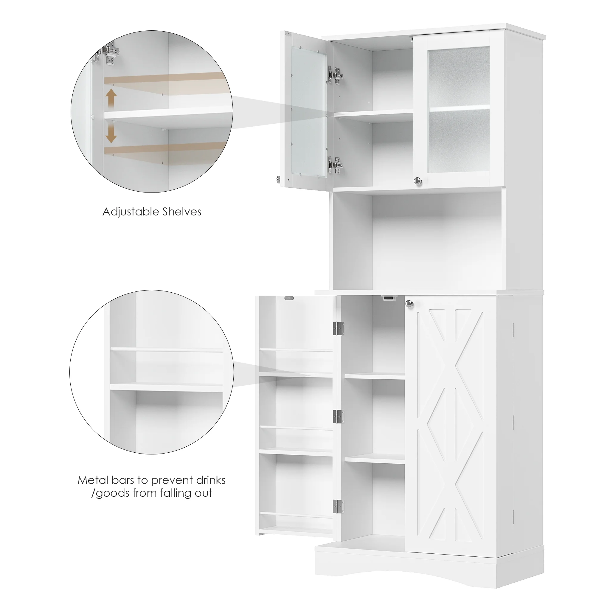 Homfa 63'' Food Pantry Cabinet, 4 Doors Kitchen Storage Cabinet with Adjustable Shelves, Microwave Cabinet for Dining Room, White