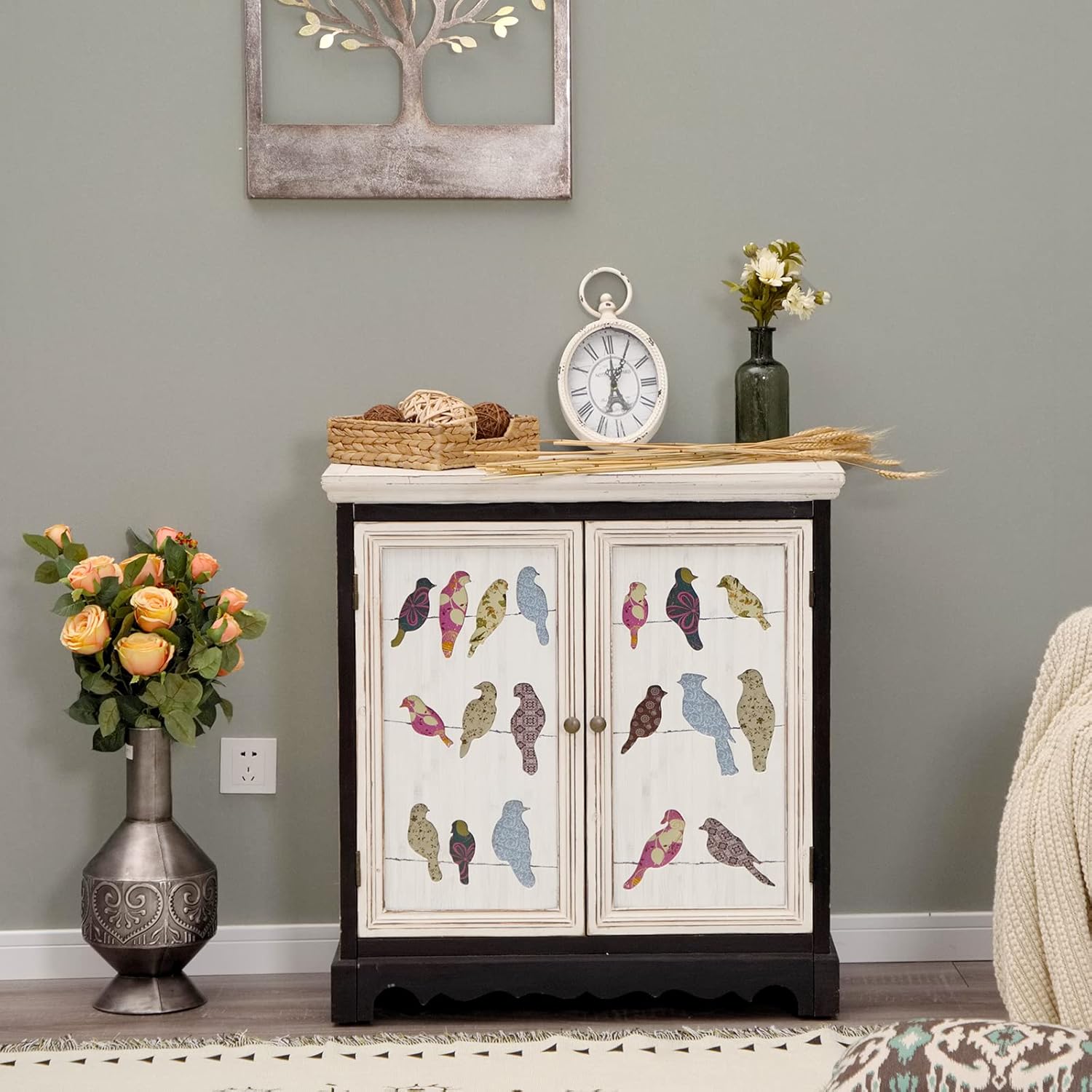 MAISON ARTS White Accent Cabinet with 2 Doors Storage Sideboard Buffet Cabinet for Living Room Kitchen Farmhouse Decorative Distressed Tall Cabinet