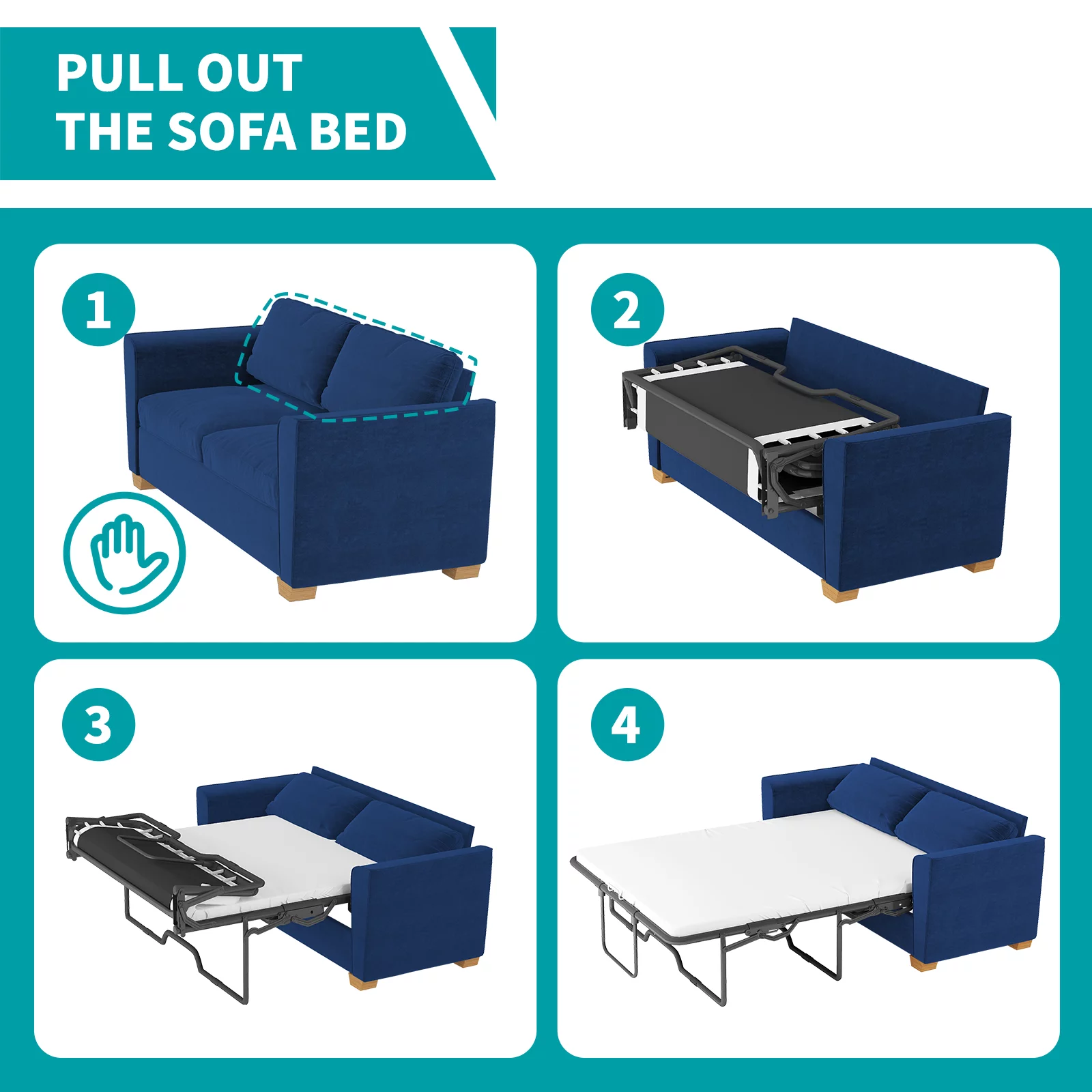 MUZZ Full Size Pull Out Sofa Bed, Velvet Sofa Couvh with Pull Out Bed, Sleeper Sofa Couch with Foam Mattress