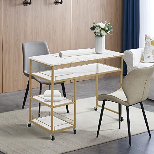 BarberPub Multifunctional Nail Table with Rolling Wheels, Spa Beauty Manicure Desk, Modern Simple Makeup Station 2401 (White)