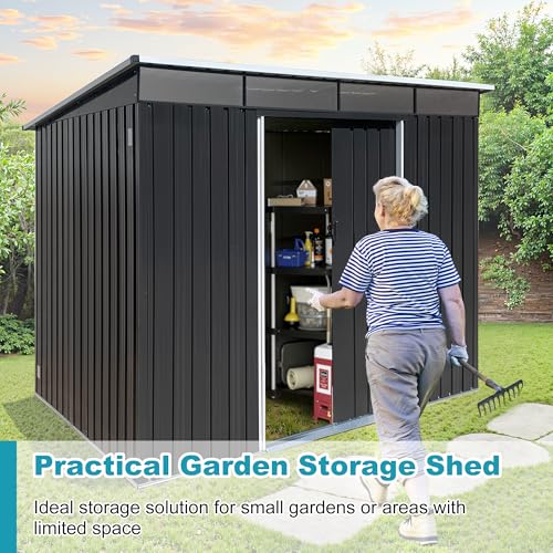 8x6 FT Outdoor Storage Shed, Metal Tool Shed with Lockable Doors, Peaked Roof & Frame Floor