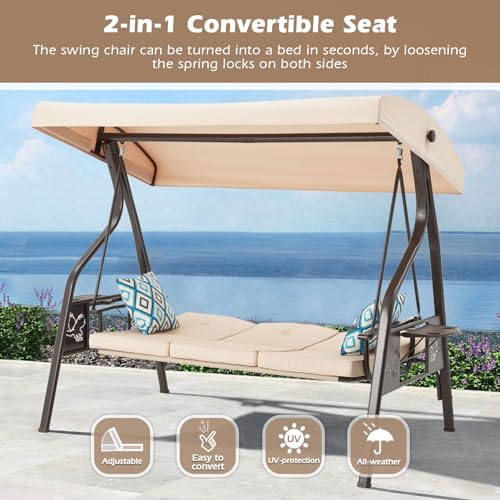 3-Seat Outdoor Porch Swing with Stand, Patio Swing with Canopy