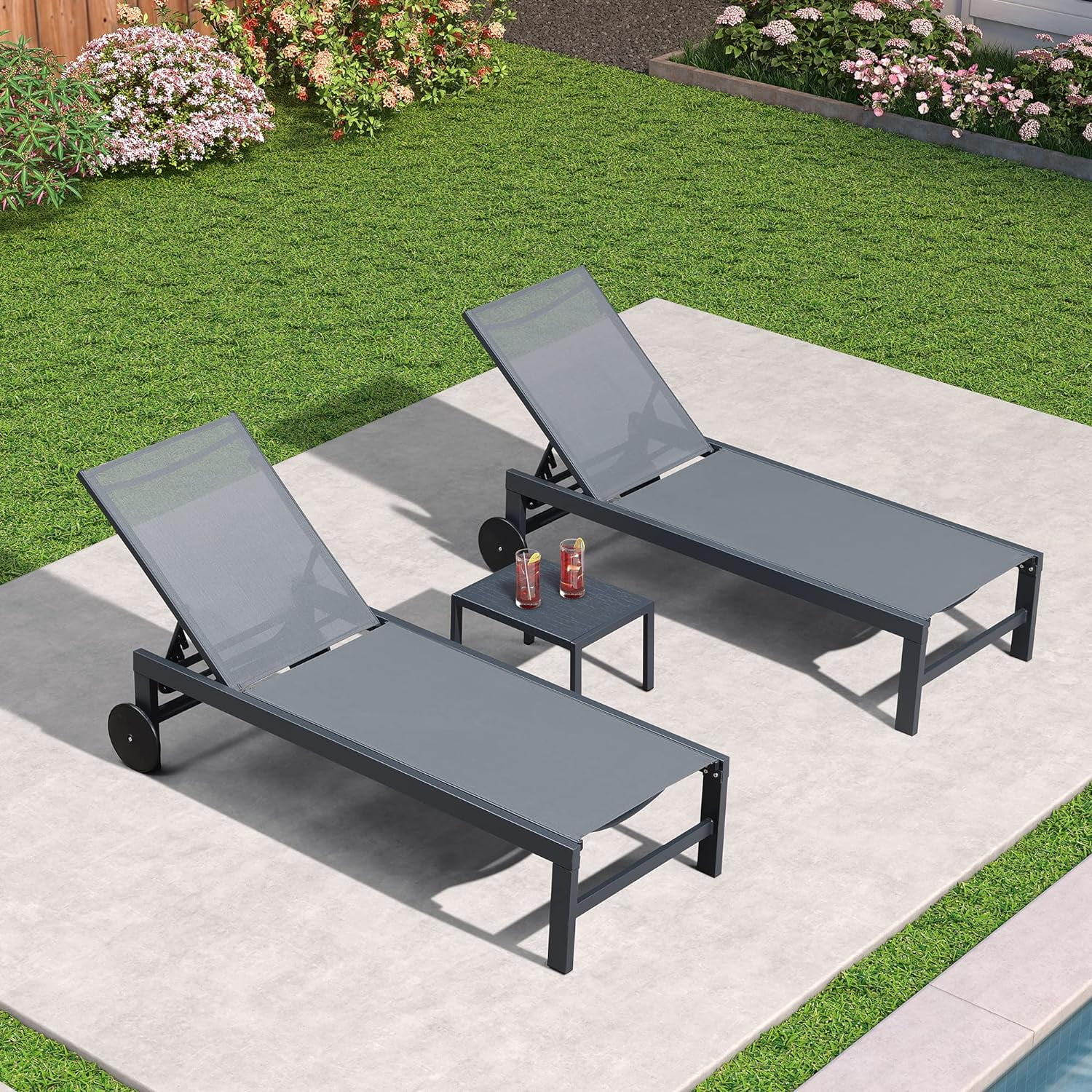 PURPLE LEAF Outdoor Chaise Lounge with Wheels for Outside 2 Pieces Aluminum Patio Lounge Chair with 5 Adjustable Position for Outdoor, Beach, Yard