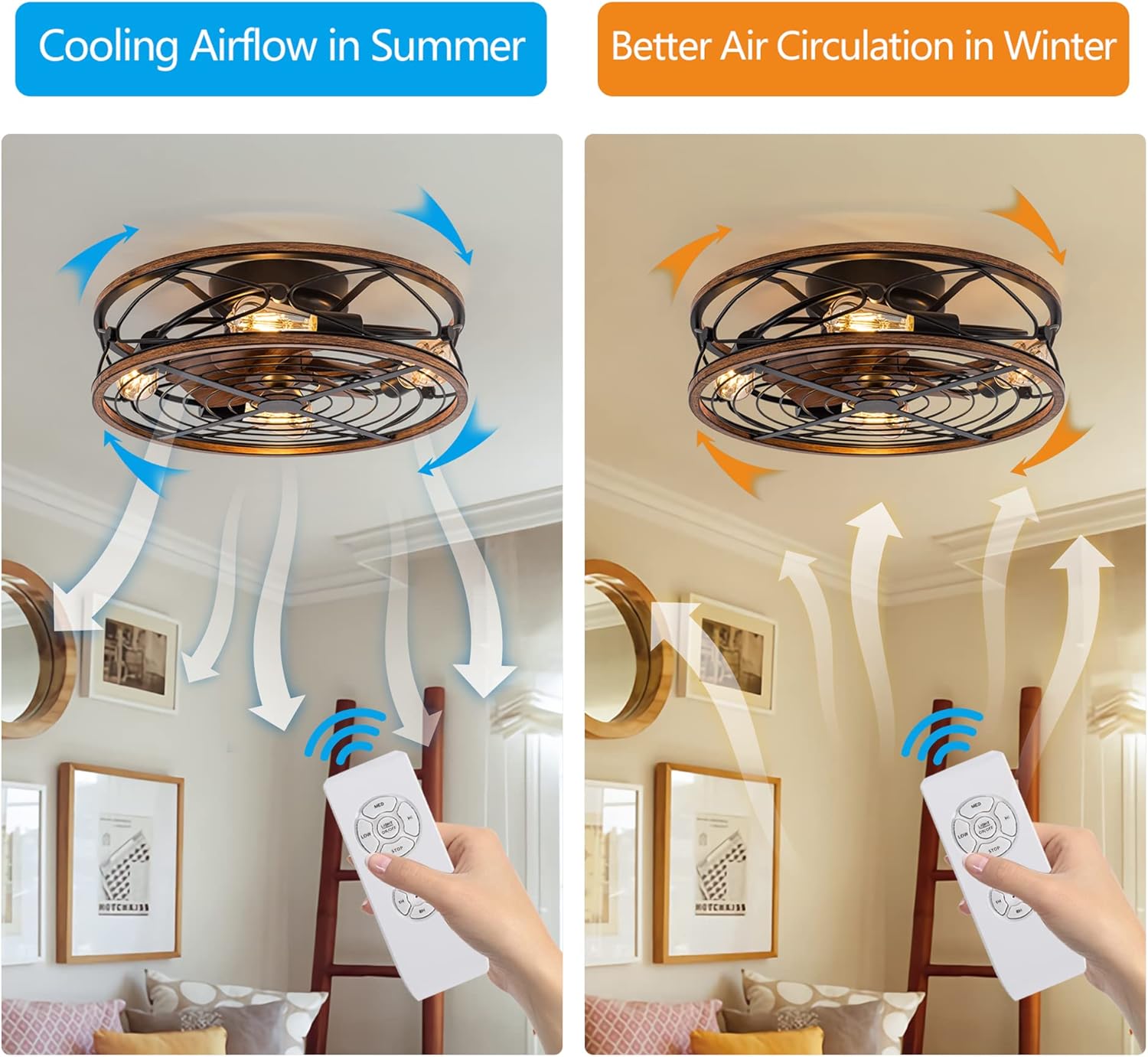 Caged Ceiling Fan With Light, 20 in Bladeless Ceiling fan With Remote Control
