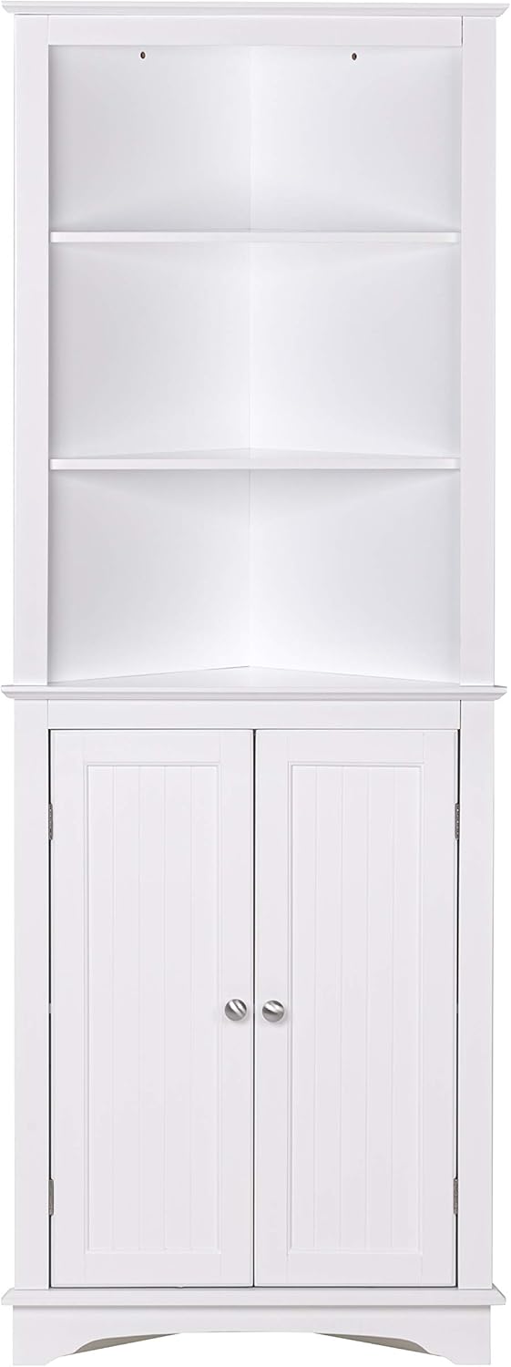 Spirich Home Tall Corner Cabinet with Two Doors and Three Tier Shelves, Free Standing Corner Storage Cabinet for Bathroom, Kitchen