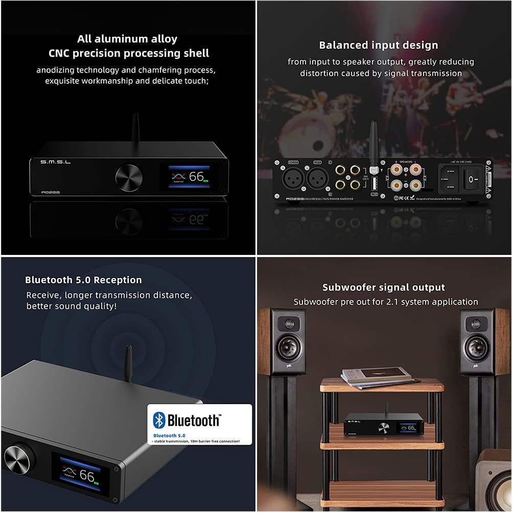 SMSL AO200 Digital Power Amplifier MA12070×2 Chip 150W×150W USB/XLR/RCA Input 2 Channel HiFi Desktop Amp with Remote Control for Subwoofer/Passive