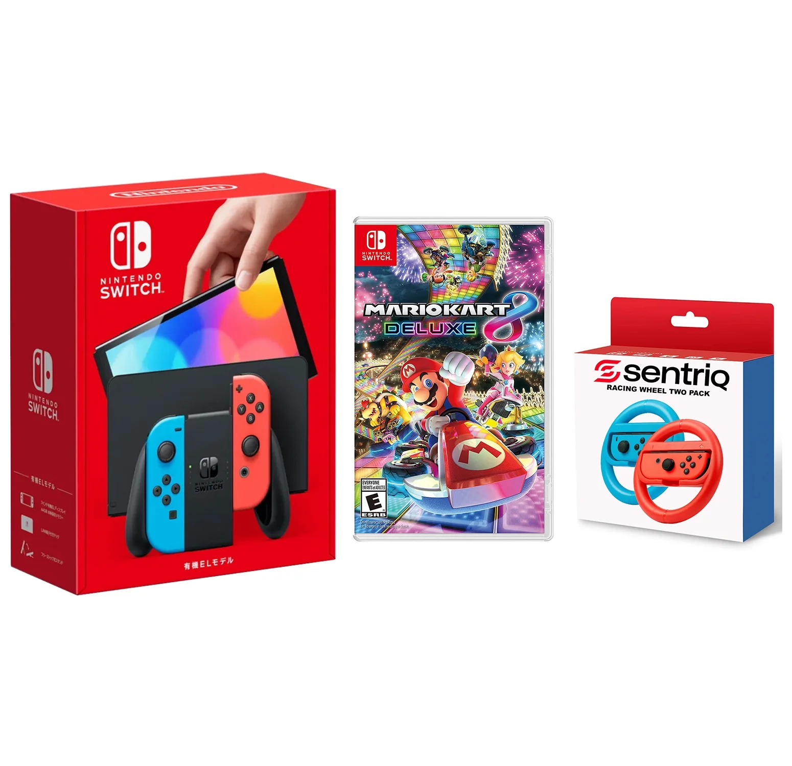 Nintendo Switch OLED Neon Red/Blue Edition + Mario Kart 8 Deluxe + Sentriq Racing Wheel Two Pack Joy Con Attachments - Japan Import with US Plug