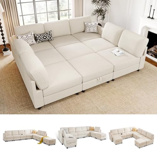 KKL Modular Sectional Sofa Bed with Storage Ottoman, Convertible L/U-Shaped Sleeper Couch for Living Room, Modern Reversible Design, Beige