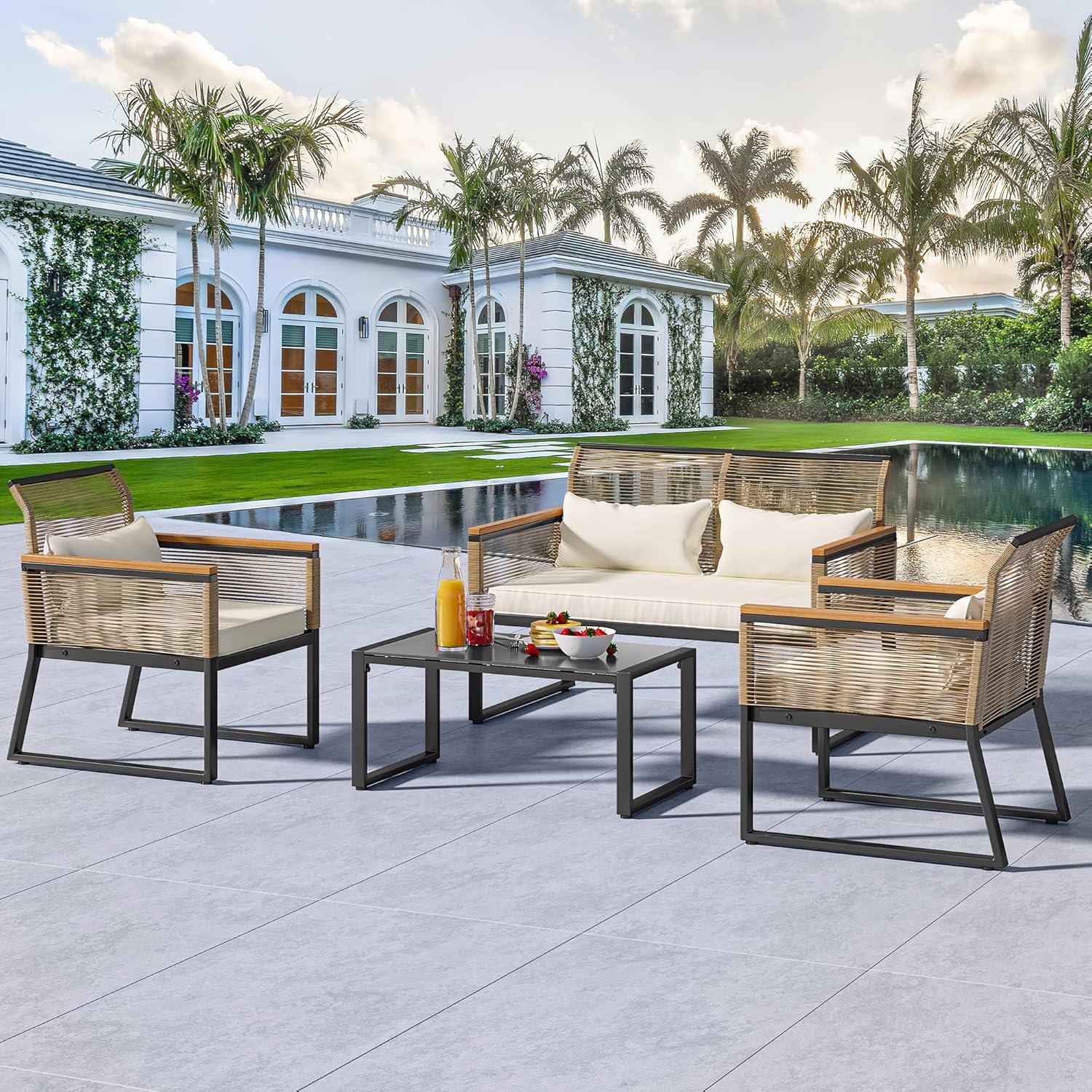 YITAHOME Patio Furniture Wicker Outdoor Bistro Set, 4-Piece All Weather Rattan Conversation Loveseat for Backyard