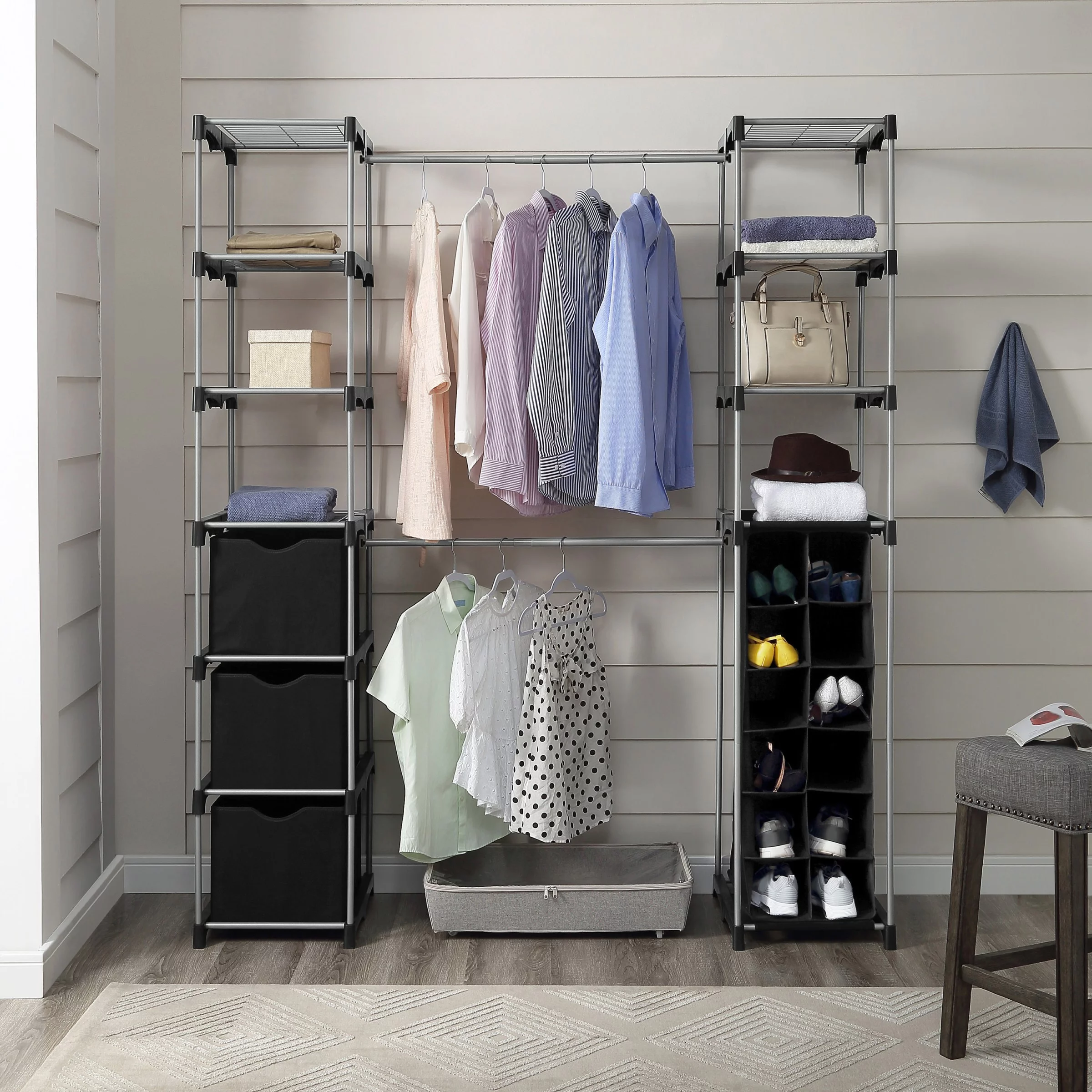 Mainstays  Non-Woven Closet Organizer. 2-Tower 9-Shelves. Easy to Assemble. Black