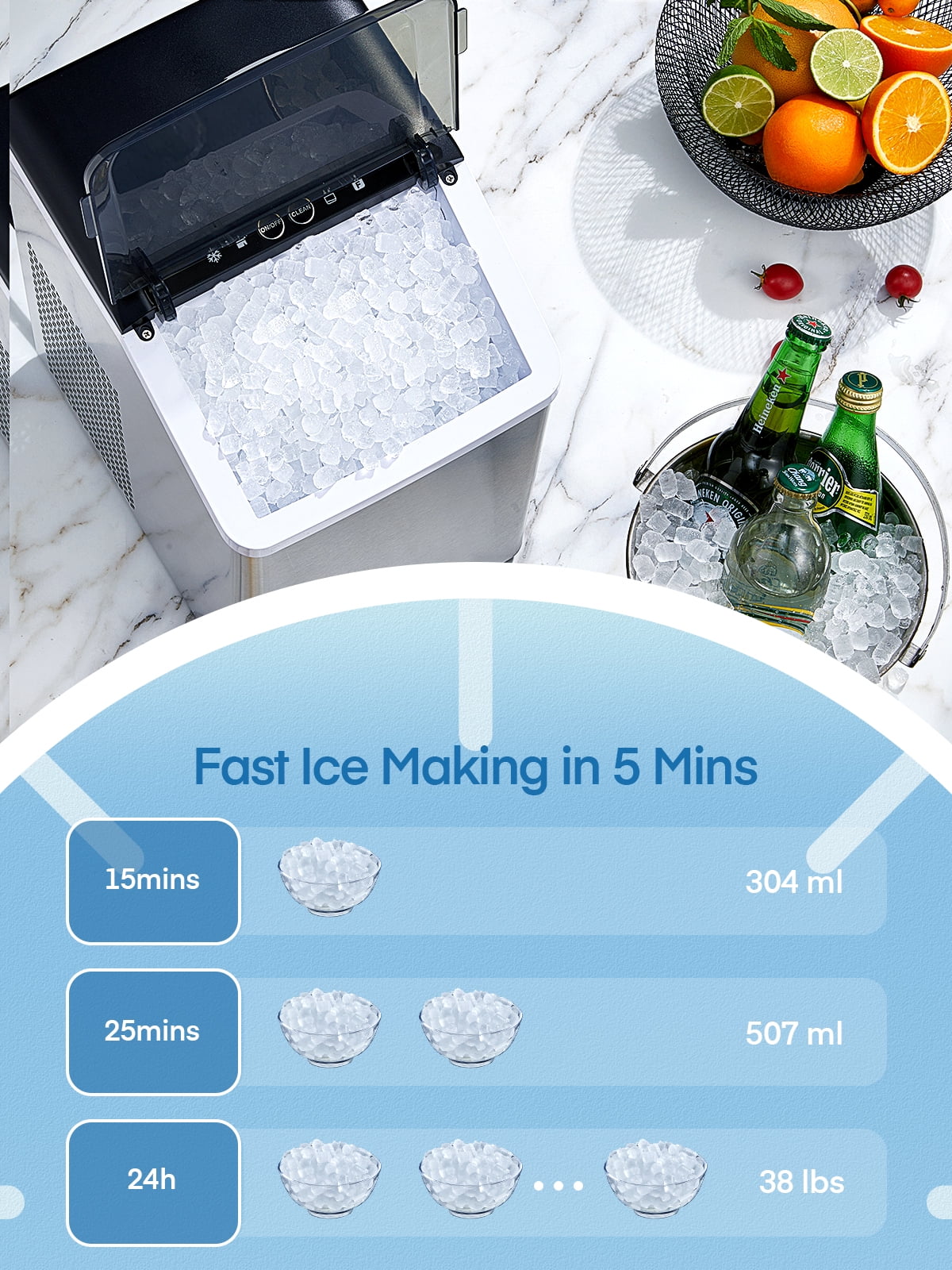 FOHERE Nugget Ice Maker Countertop, 38 Lbs In 24Hrs, Chewable Pellet Ice Cubes, Self-Cleaning Ice Machine, Stainless Steel Housing
