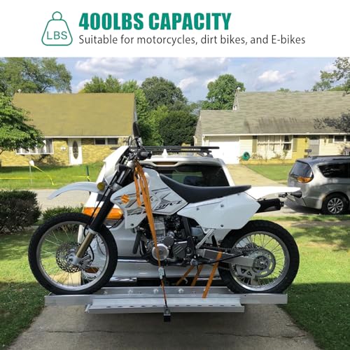 Motorcycle Hitch Carrier 400LBS, Lightweight Robust Aluminum Dirt Bike Hitch Carrier with 4.5' Longer Ramp, Tie-Down Straps and Hitch Tightener