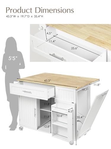 Kitchen Island with Storage, 31.5" D Rolling Kitchen Island Cart on Wheels with Widen Drop Leaf Rubberwood Top
