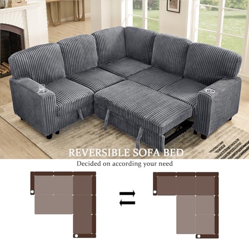L-Shaped Pull Out Sleep Sofabed,Modern Reversible Sleeper Sectional Sofa Chenille Upholstered Button Tufted Decor with Storage Chaise