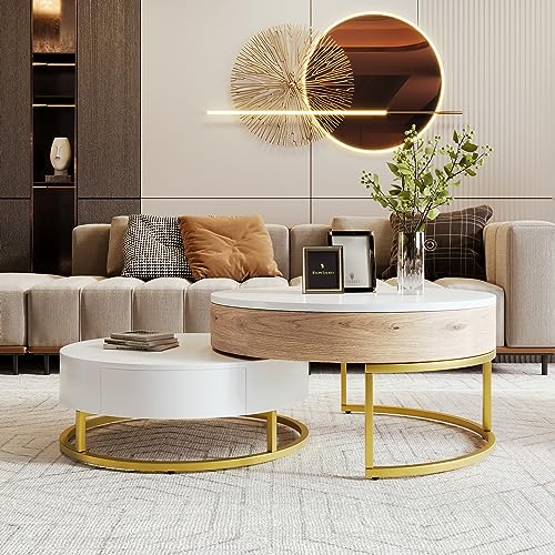 Modern Round Lift-top Nesting Coffee Tables with 2 Drawers for Living Room White & Natural