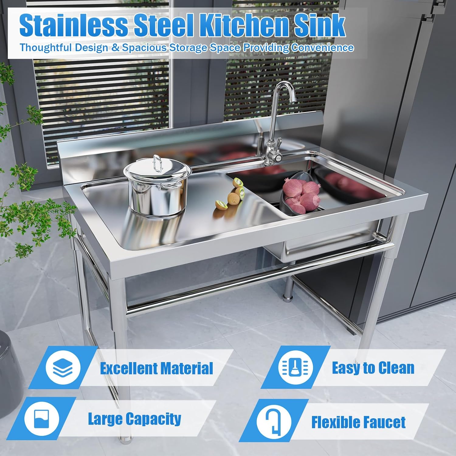 Stainless-Steel Commercial Restaurant Kitchen Sink Set with Faucet Single Bowl, Free Standing Basin w/Workbench & Storage Shelves for Kitchen
