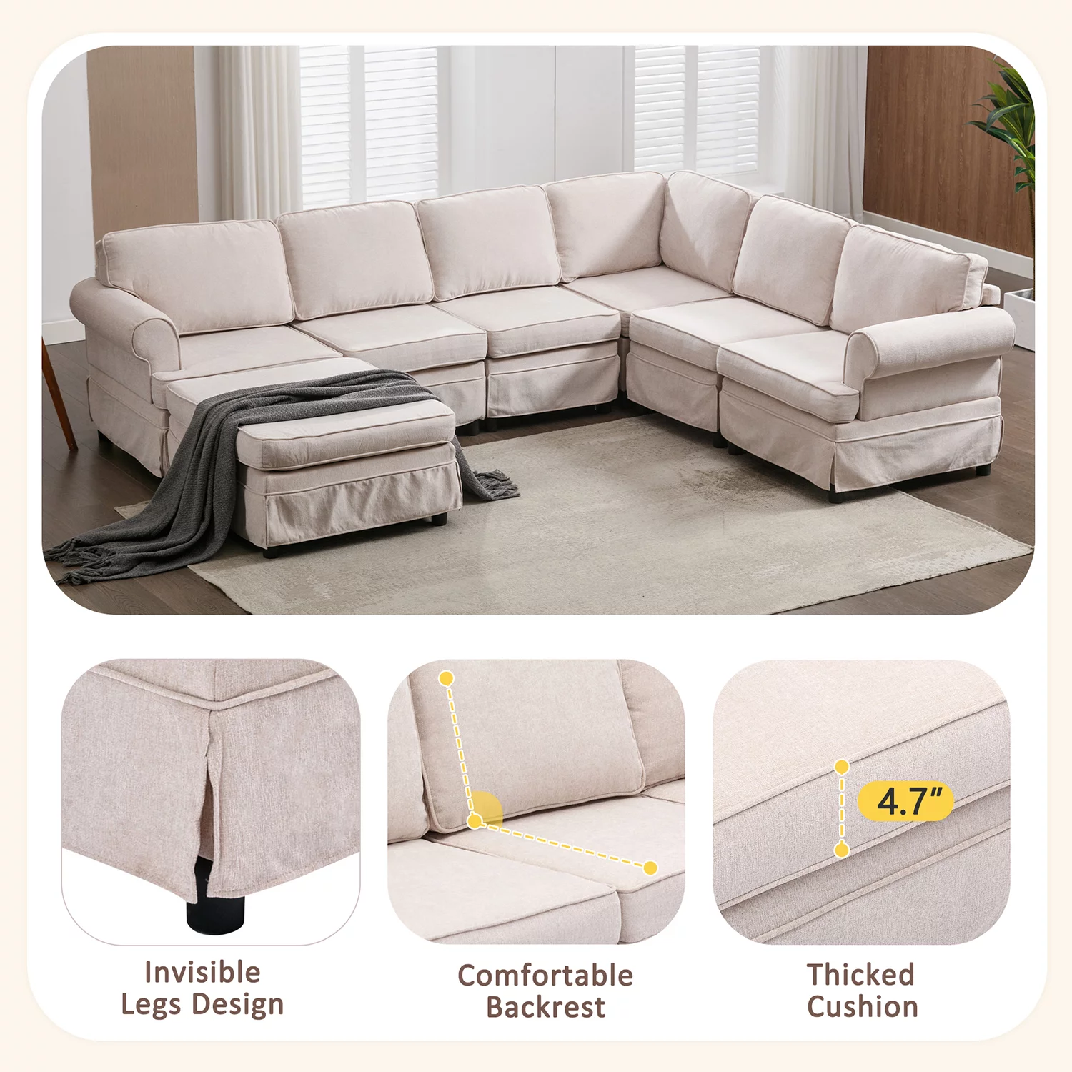 Churanty 108.6" U Shape Modular Convertible Sofa Modern Large Sectional Sofa Linen Oversized Sectional Couches with Removable Ottoman for Living Room