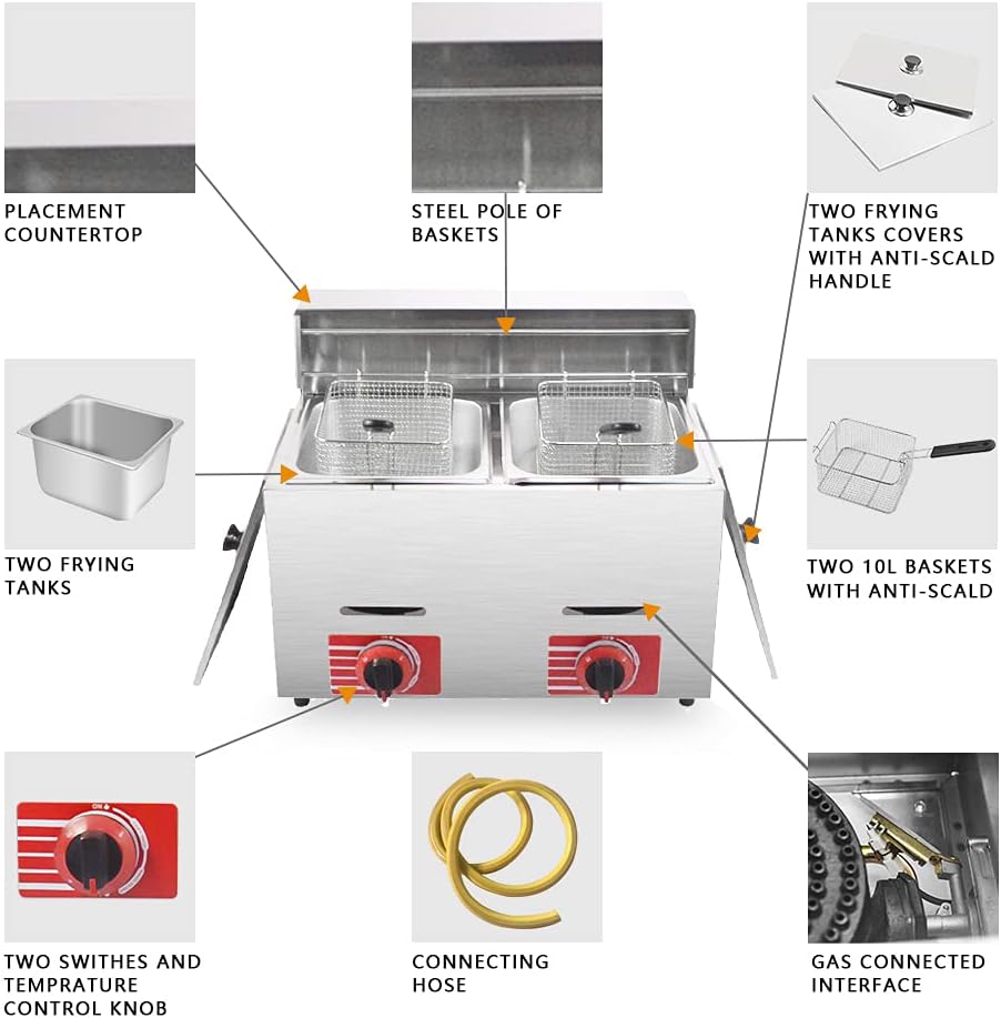 Commercial Gas Deep Fryer 10L*2 with 2 Basket and Lids Cover Stainless Steel Countertop Propane-LPG GF-72 Propane (LPG) W/Metal Tube Double Deep