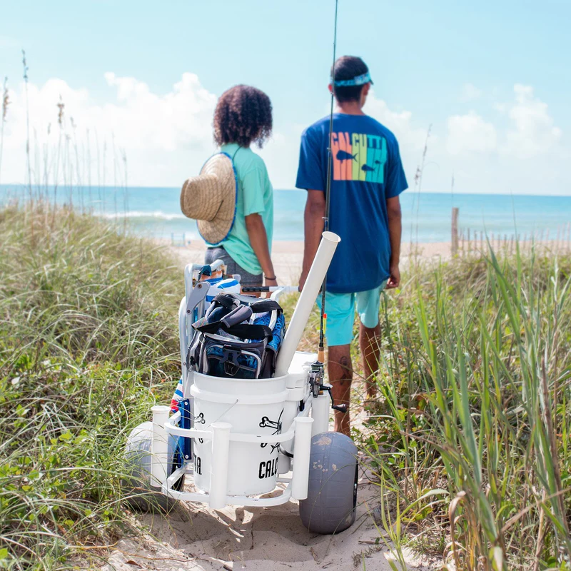 Sea Striker BRSC-WB White Surf Pier Cart, 11" Balloon Tires, 7 PVC Rod - BRSC-WB