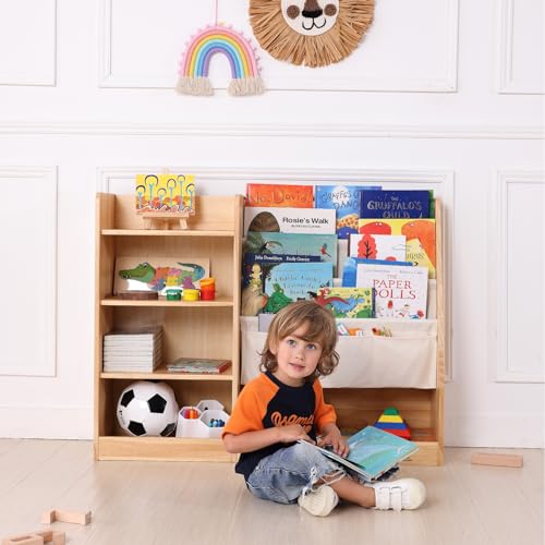 KRAND 4-Layer Kids Wooden Bookshelf, 4-Tier Layer Sling Bookcase, Baby Storage Book Rack,Toy Organizer Cabinet