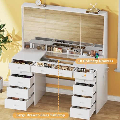 Vanity Desk with Mirror and Lights, 50" Makeup Vanity with Glass Top & Power Outlet, White Vanity with 11 Drawers & 8 Hidden Storage Shelves