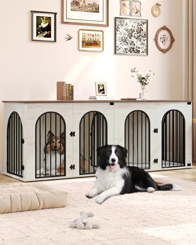 71" Dog Crate Furniture for 2 Dogs, Heavy Duty Indoor Dog Kennel TV Stand, XXL Wooden Dog Cage with Divider for Medium Large Dogs
