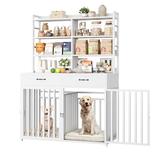 Keyluv 71''H x 47.2''W Large Dog Crate Furniture with 4-Tier Shelves and 2 Storage Drawers, Heavy Duty Dog Cage Furniture with 2 Doors